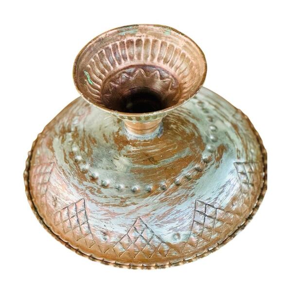 Vintage Handcrafted Copper Brass Pedestal Bowl 10” Wide Engraved Rustic - Picture 3 of 4